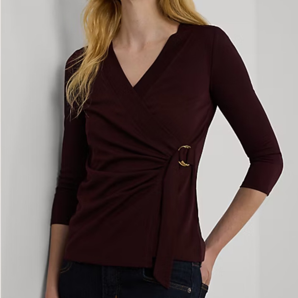 NWT Women Lauren RALPH LAUREN Stretch Jersey Top Burgundy D-ring Medium & Small